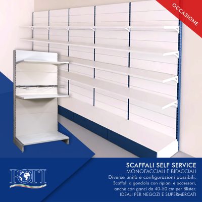 Scaffali self service a gondola con ripiani e accessori